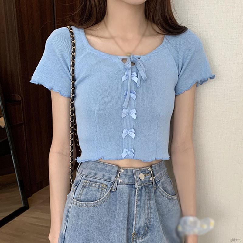 [Mã FAMAYWA giảm 10K đơn 50K] Áo kiểu dệt kim ngắn tay đính nơ phong cách Hàn Quốc xinh xắn thời trang cho nữ | BigBuy360 - bigbuy360.vn