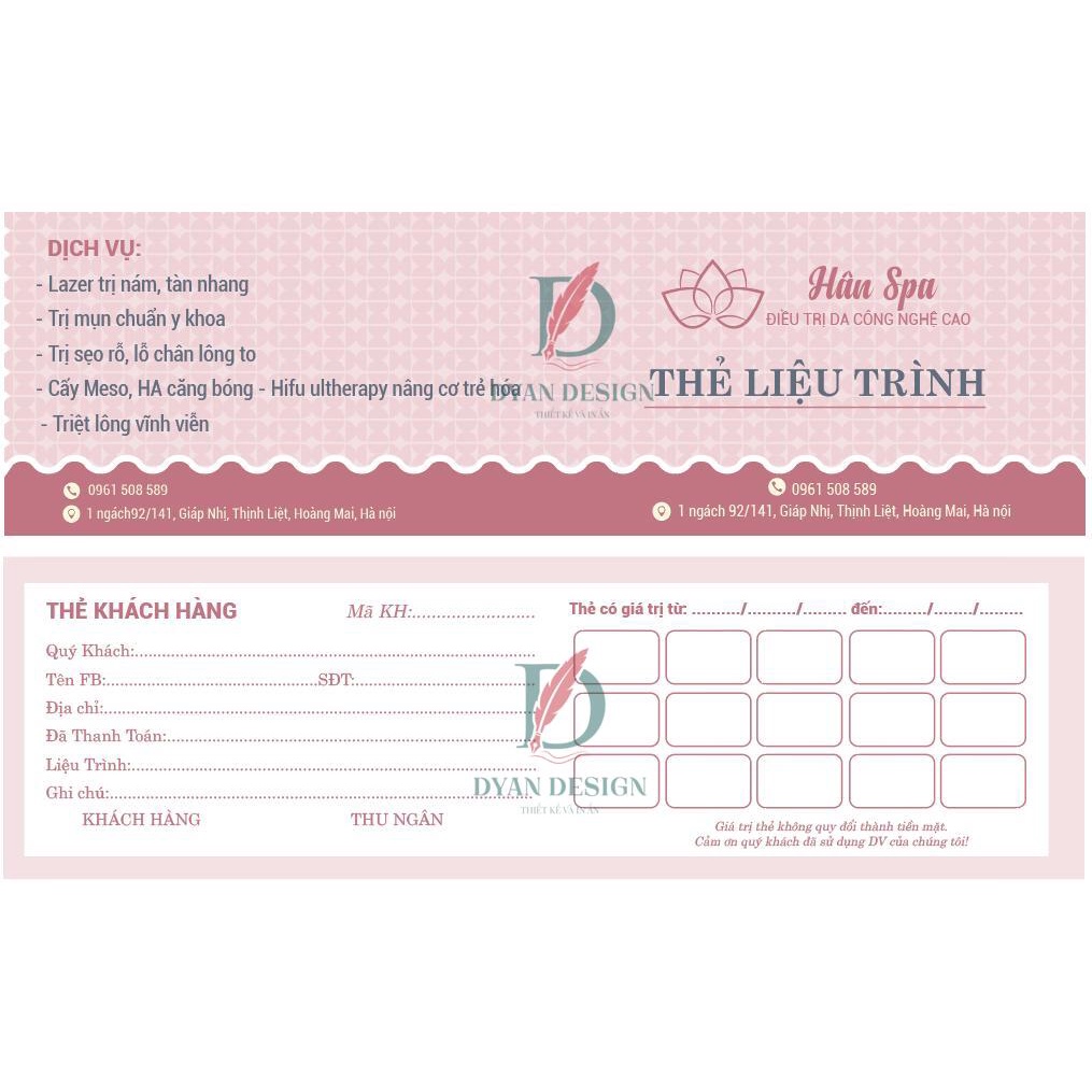 In thẻ liệu trình, thẻ bảo hành, thẻ khách hàng cho Spa, thẩm mỹ viện, Salon tóc