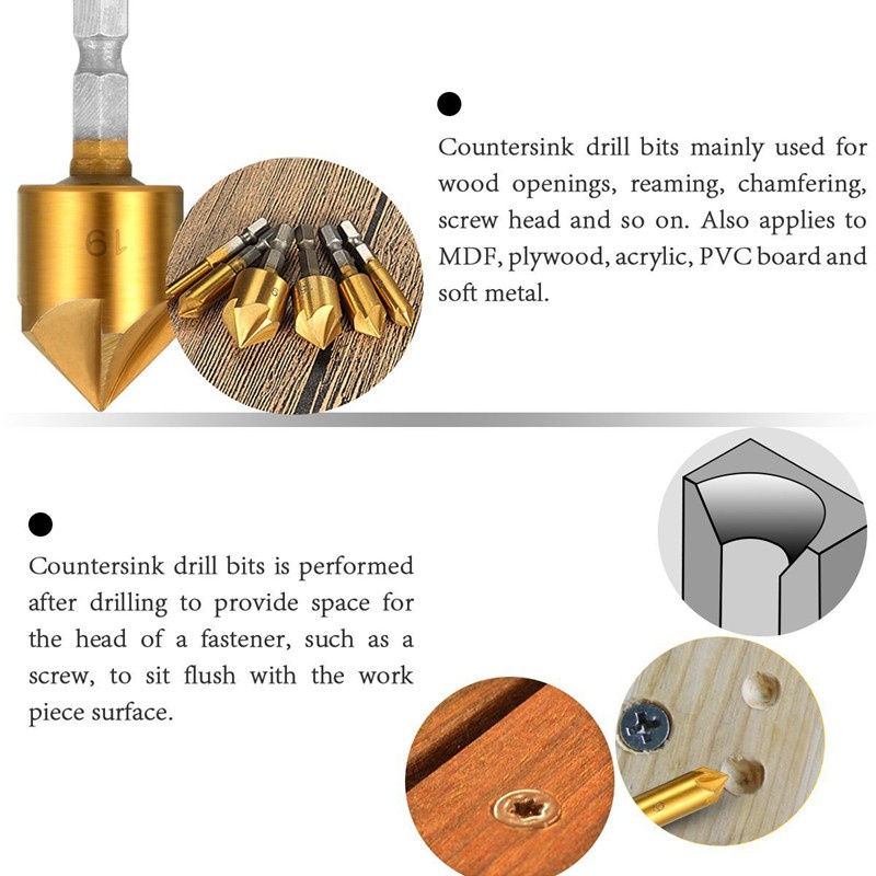 1set Countersink Drill Bits Center Punch Tool Set & 4 Pieces of Woodworking Trimming  1/4 Shank Bit