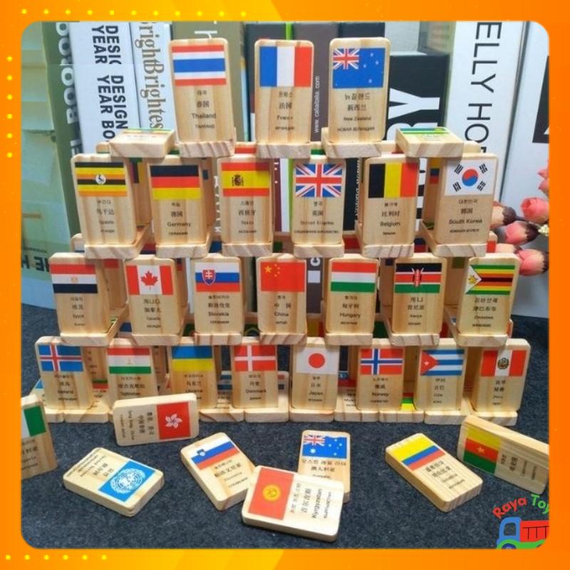 Đồ chơi gỗ, 100 quân domino cờ các quốc gia cho bé xếp hình tập nhận biết quốc kì bằng 4 thứ tiếng, quà tặng sinh nhật
