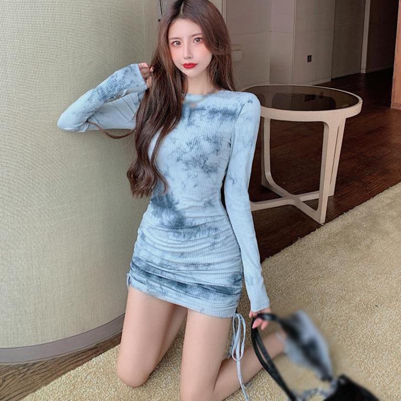 Đầm ôm tay dài cổ trong họa tiết loang màu phong cách Hàn Quốc gợi cảm cho nữ | BigBuy360 - bigbuy360.vn