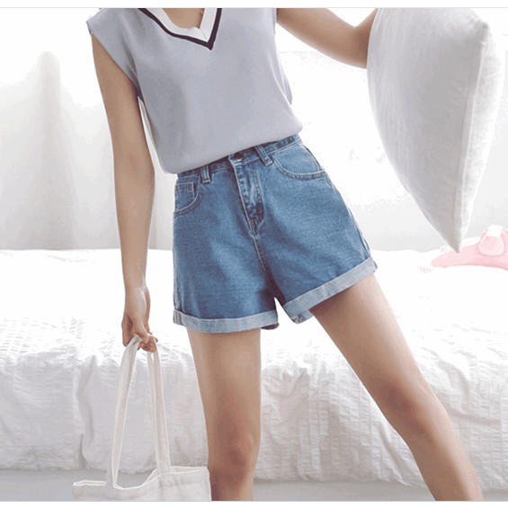 SUXI Quần jeans ngắn ống rộng phong cách Hàn Quốc