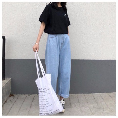 【Yuki】Mùa xuân và mùa hè phiên bản mới Hàn Quốc thảm màu đỏ, quần jeans thẳng, nữ sinh mặc thắt lưng chín điểm treo cổ, 