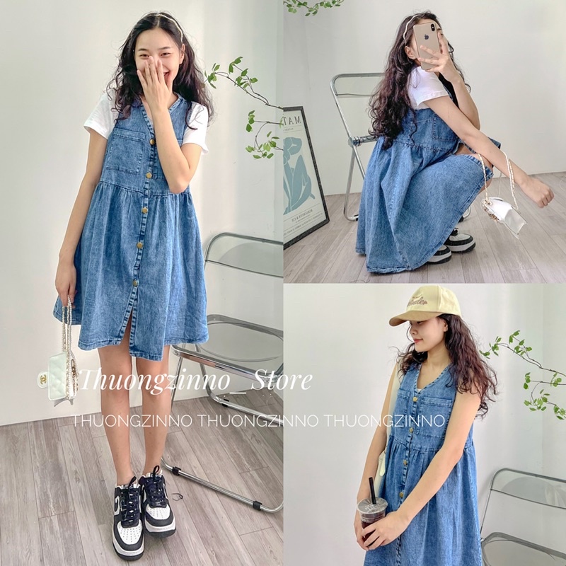[Ảnh thật/Video]Váy Denim sát nách Dáng Rộng Phong Cách Cổ Điển Váy bò không tay Thời Trang Hàn