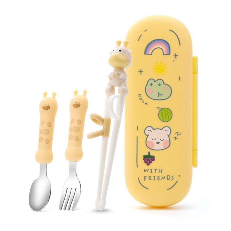 Bộ 4 Dụng Cụ Tập Ăn Bằng Thép Không Gỉ Hình Tuần Lộc Dễ Thương Kèm Hộp Đựng