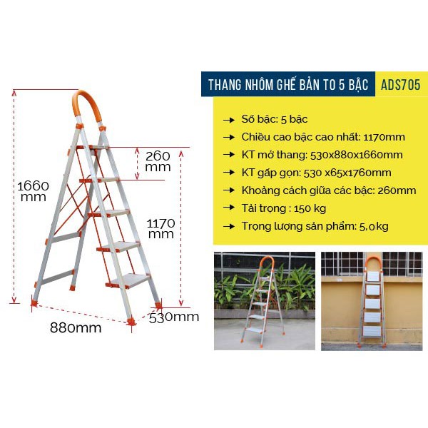 Thang ghế nhôm tay vịn chữ A bản to 3-4-5-6 bậc từ 1,2M - 1,9M xếp gọn ADVINDEQ, Thang chữ A gia đình đa năng rút gọn