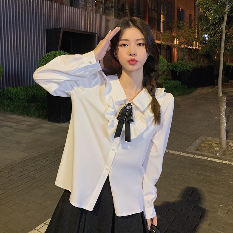 MỚI Áo sơ mi nữ tay dài màu trắng phong cách Hàn Quốc