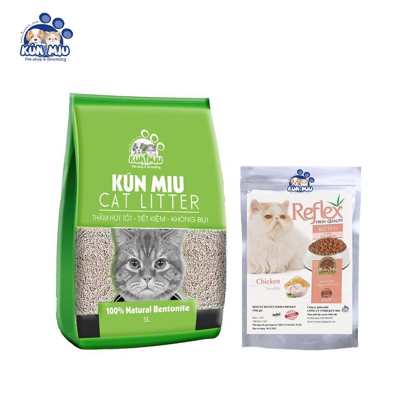 combo cát Kunmiu 5l chanh và thức ăn reflex kitten 1kg