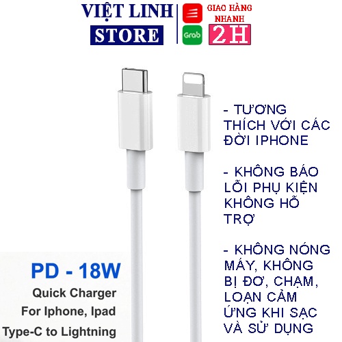 Dây cáp sạc iPhone sạc nhanh PD 20w 18w, dành cho iphone 11/11 promax, Ipad, iPhone - Hàng chính hãng - Việt Linh Store