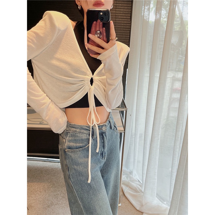 COZOK Set Áo Thun Tay Dài Chống Nắng + Áo Hai Dây Rút Dây Thời Trang Gợi Cảm Cho Nữ