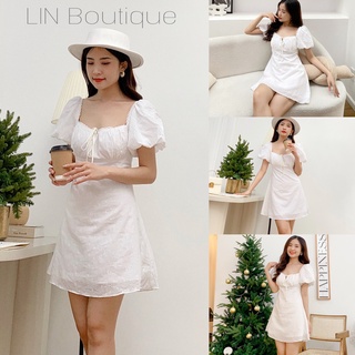 Đầm trắng đi tiệc cổ ren thắt nơ ngực