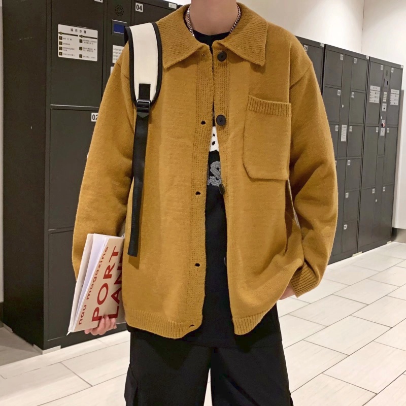 Áo len dài tay màu trơn cổ bẻ có túi phong cách Hàn Quốc thời trang thu đông cho nam
