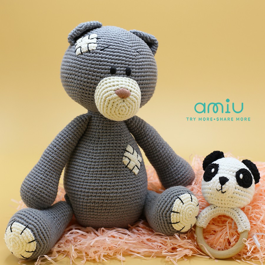 Gấu bông móc len Amigurumi cao cấp Amiu Việt Nam - Gấu vá xanh ghi đá handmade - SP000371