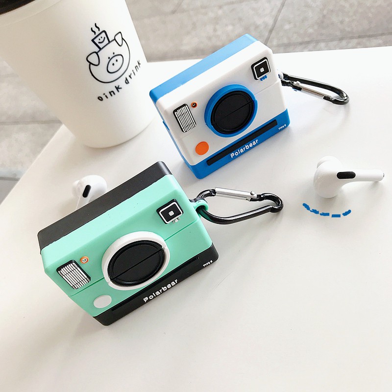 ☘️Tặng kèm móc☘️ Ốp Tai nghe Ap 1/2/3/ Pro máy ảnh trắng xanh thời trang tặng kèm móc khoá 1047 CAMA