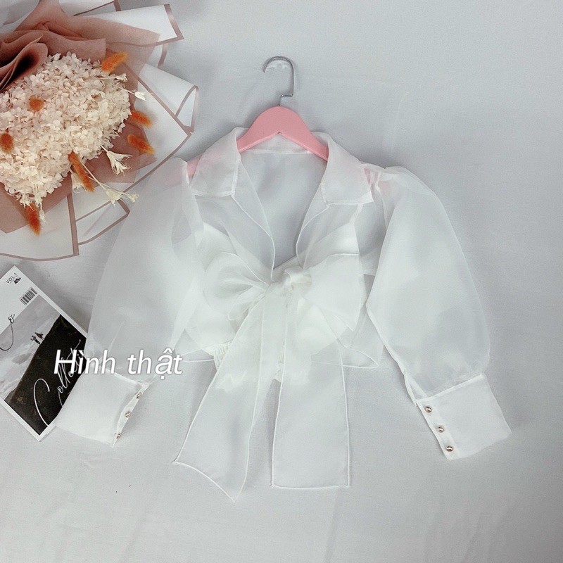 Áo tay phồng voan kiến cột nơ croptop, tăngj kèm áo lot trong - C6U