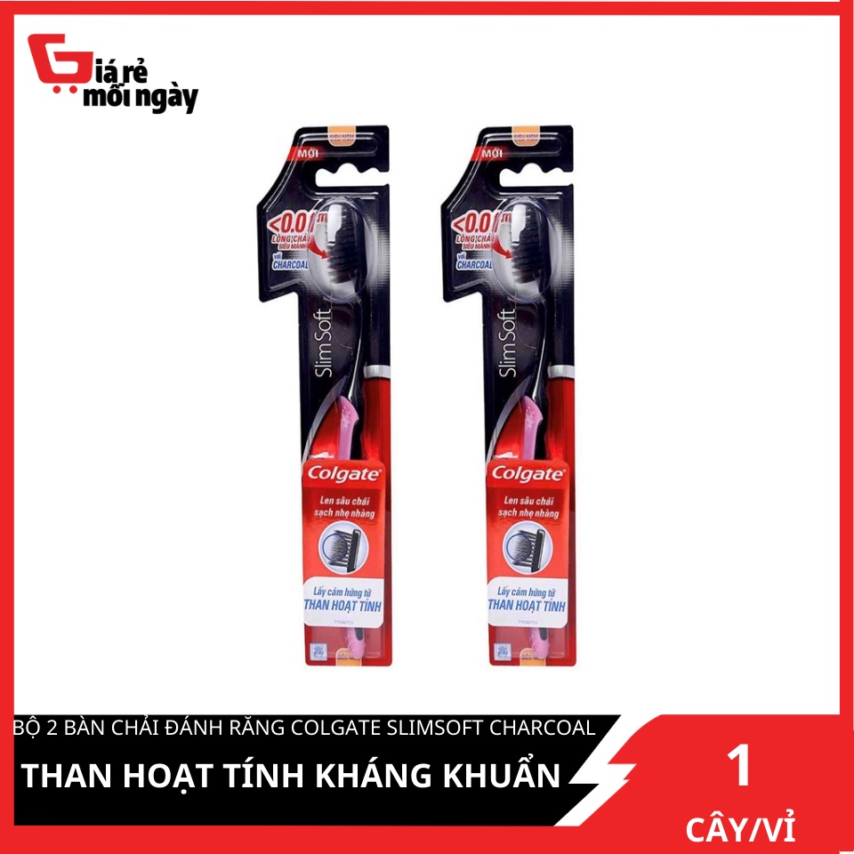 Bộ 2 bàn chải đánh răng Colgate Than hoạt tính kháng khuẩn Slimsoft Charcoal mềm mảnh 2 cây/bộ