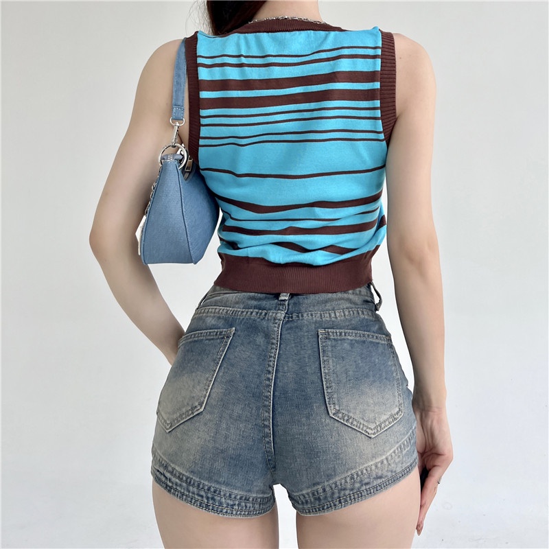 SUXI Áo Tank Top Dệt Kim Sát Nách Kẻ Sọc Màu Tương Phản Kiểu Retro Cá Tính