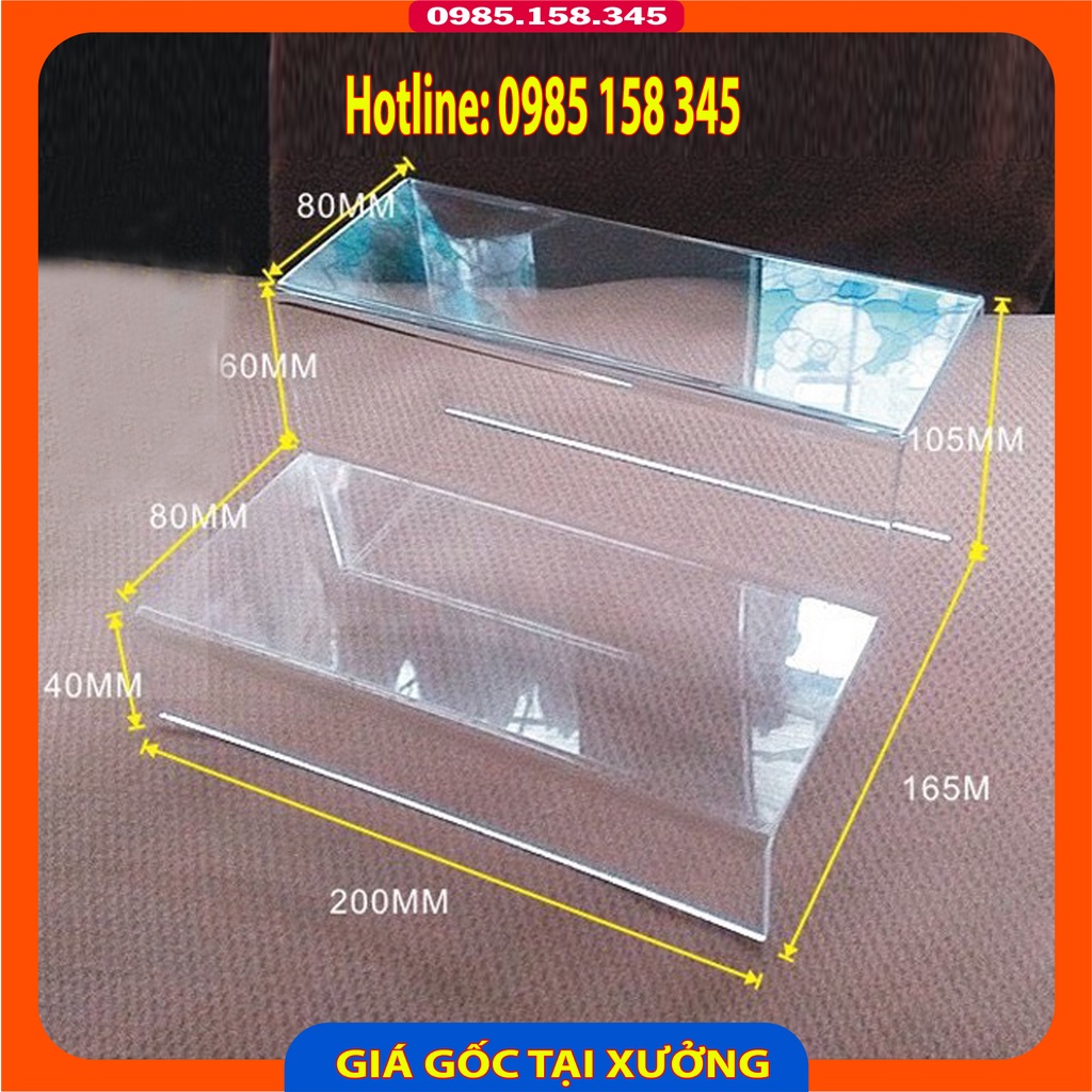 Kệ mica bậc thang 2,3 tầng trưng bày mô hình, sản phẩm, quà tặng, giày dép, trang sức, mỹ phẩm