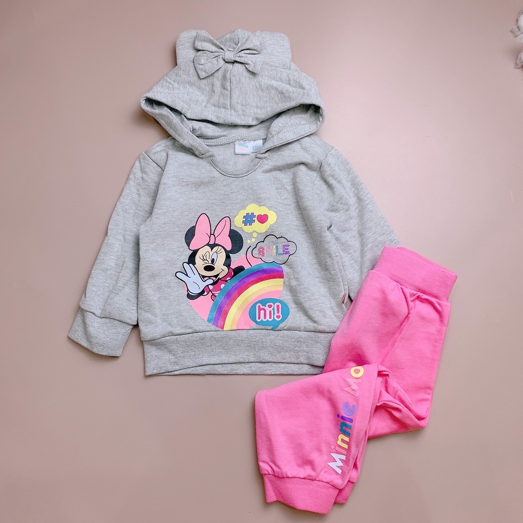 Bộ nỉ bông hoodie Disney - Ghi Minie quần hồng