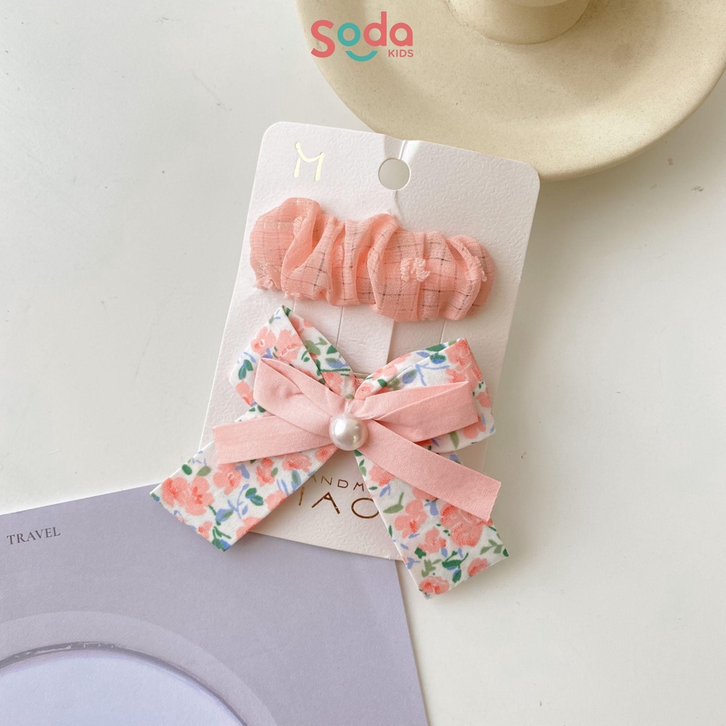 Set kẹp tóc bé gái SODA KIDS kẹp bấm vải nhún và kẹp nơ hoa nhí đính ngọc xinh xắn, dễ thương