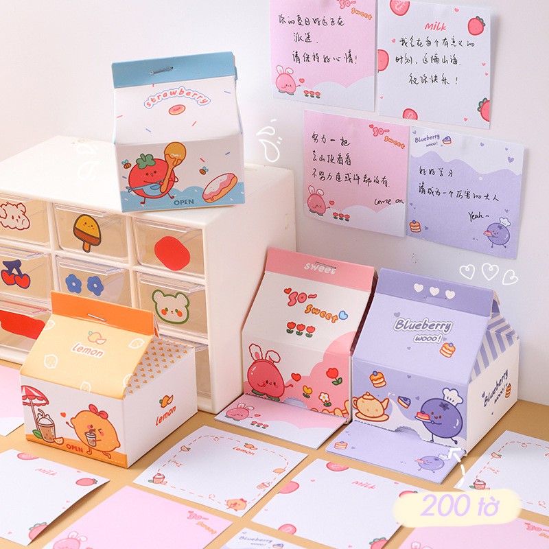 Giấy Note Pad Rút Hộp Sữa Milk Box Hoa Văn Caro và Trái Cây