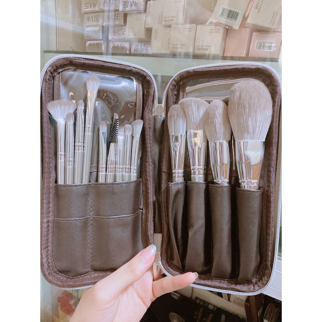 Bộ Cọ Trang Điểm Cán Bạc Cao Cấp Lông Siêu Mịn 14 Cây Kèm Bao Da