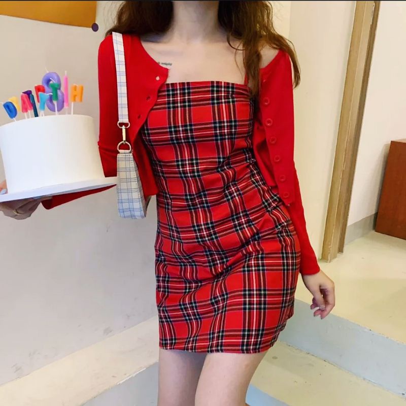 Đầm Dây Cột Cari Đỏ dáng chữ A