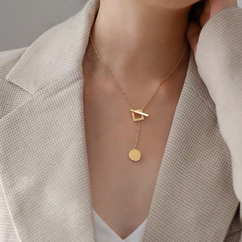 Dây chuyền thép titan mạ vàng 18k họa tiết hình học thời trang âu mỹ sang trọng dễ phối đồ