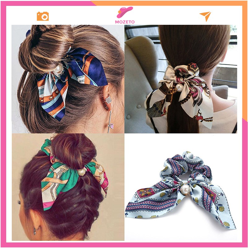 Dây buộc tóc vải scrunchies đính ngọc trai giả phong cách Hàn Quốc; S10 – MOZETO