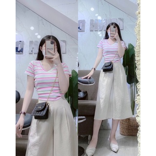 ẢNH THẬT áo croptop sọc cổ tim