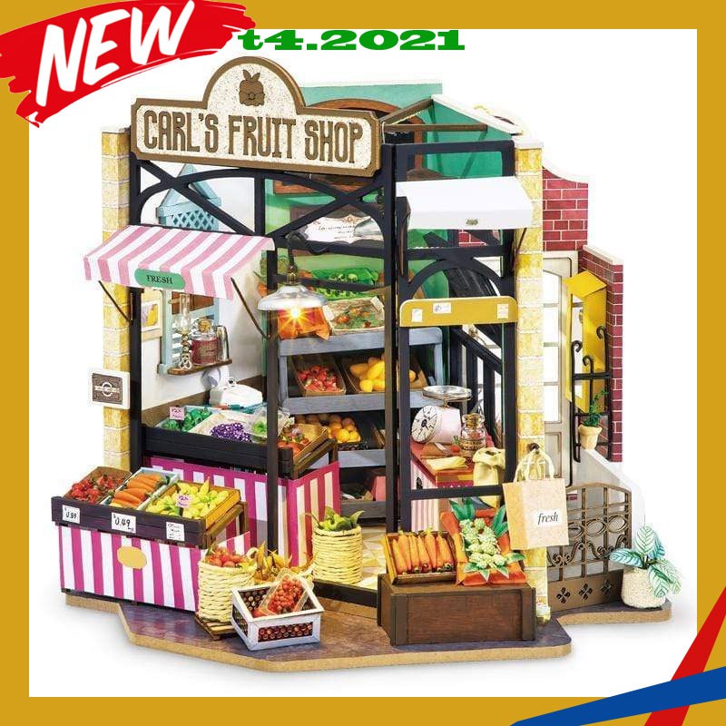 Mô hình nhà lắp ghép bằng gỗ Mẫu Fruit Shop Robotime tặng kèm bộ dụng cụ lắp ráp, keo silicon, đèn Led