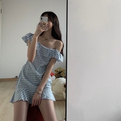 Váy kẻ hở vai bèo nhún - V004