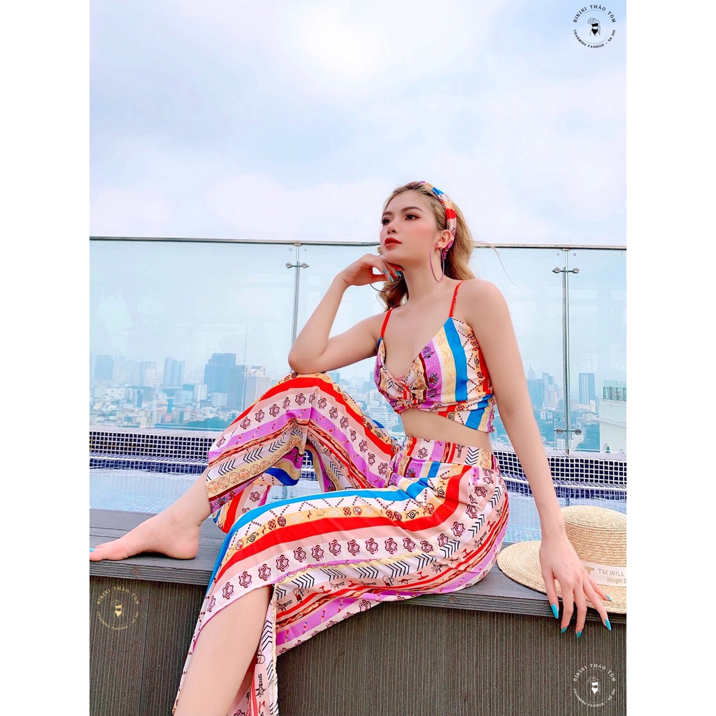 Set bộ đồ đi biển bikini quần ống rộng áo bra sang chảnh che nắng | BigBuy360 - bigbuy360.vn