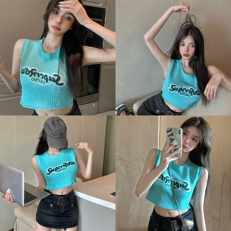 Áo Croptop Dệt Kim Sát Nách Dáng Rộng Thêu Chữ Kiểu Vintage Hàn Quốc Thời Trang Mùa Hè