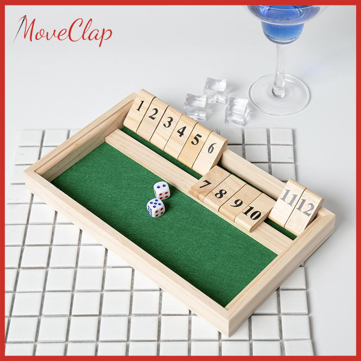 MoveClap Shut The Box Game - 12 Numbers Wooden Dice Game Wooden Number Board Game