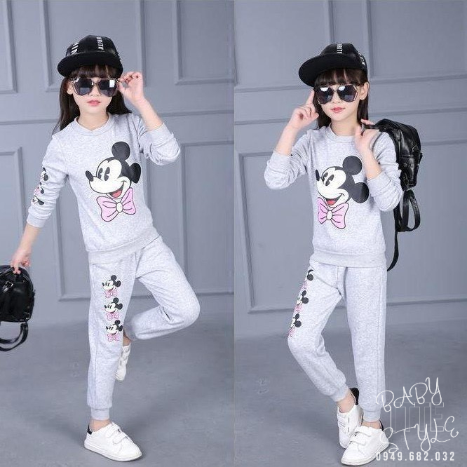 Bộ quần áo thu đông bé gái “MICKEY” 14-45kg, đồ bộ dài tay bé gái 4-14 tuổi. Vải da cá dày dặn, ấm áp. G30