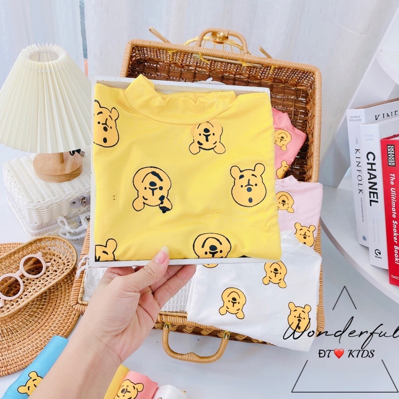 Bộ minky mom dài tay , Bộ thu đông cho bé cổ cao Quần áo bé gái bé trai họa tiết gấu Pooh