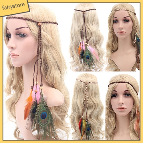 Băng đô cài tóc bện dây phối lông vũ và hạt phong cách boho cho nữ