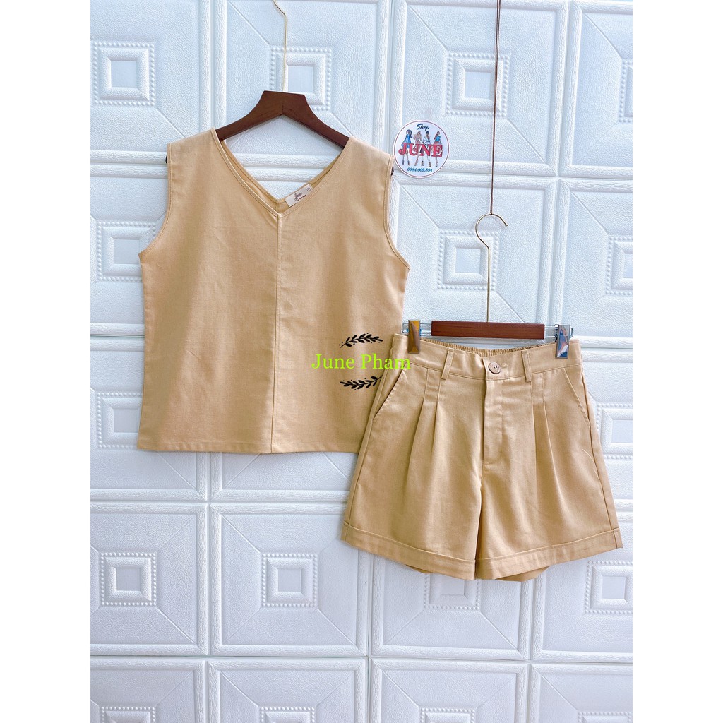 Set bộ LINEN BỘT Áo sát nách cổ tim trước và sau + short. BIGSIZE. JUNE S13. Ảnh thật.
