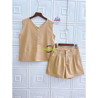 Set bộ linen bột áo sát nách cổ tim trước và sau + short. bigsize. june s13. ảnh thật.