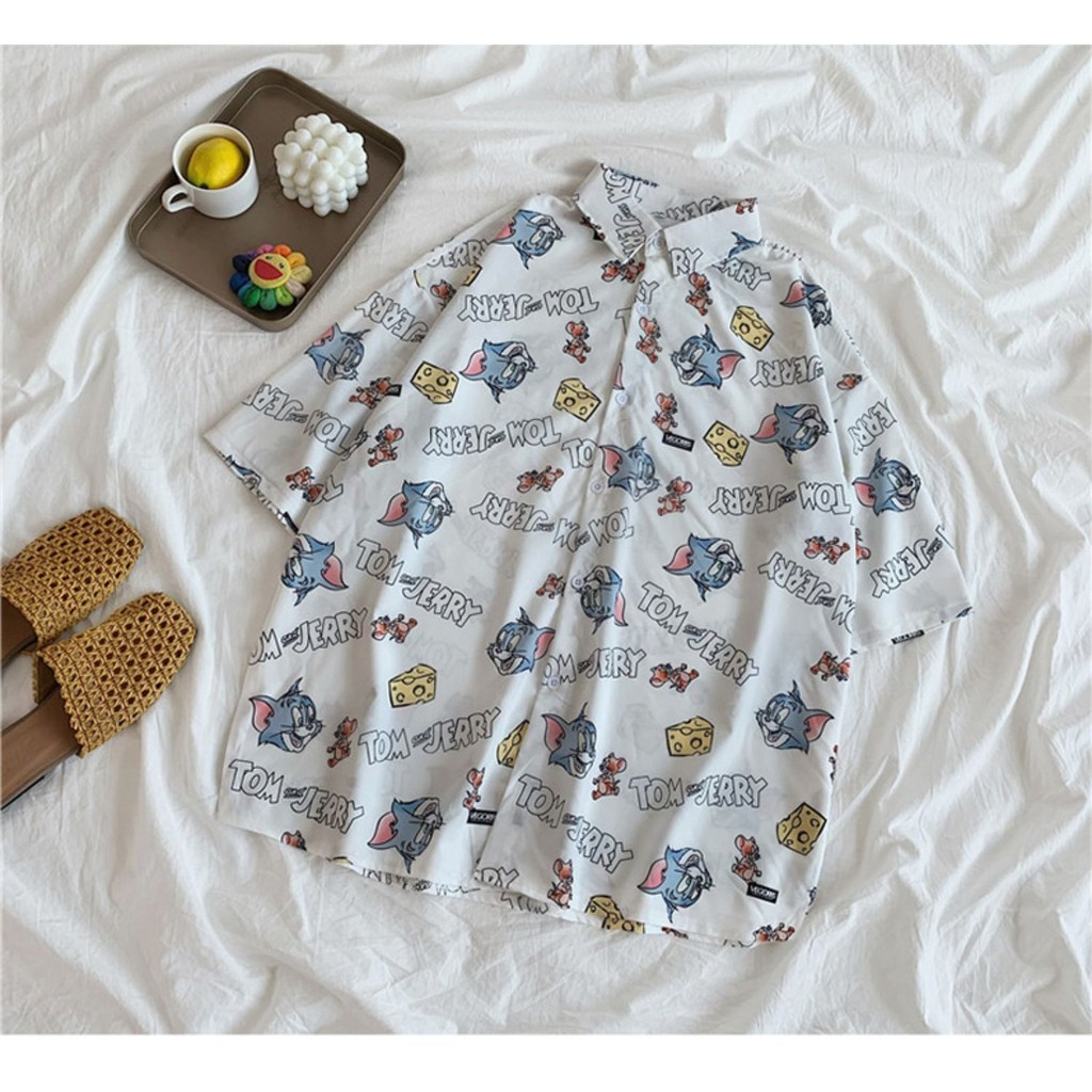 áo sơ mi nữ unisex in hoạt tiết hoạt hình tom and jerry