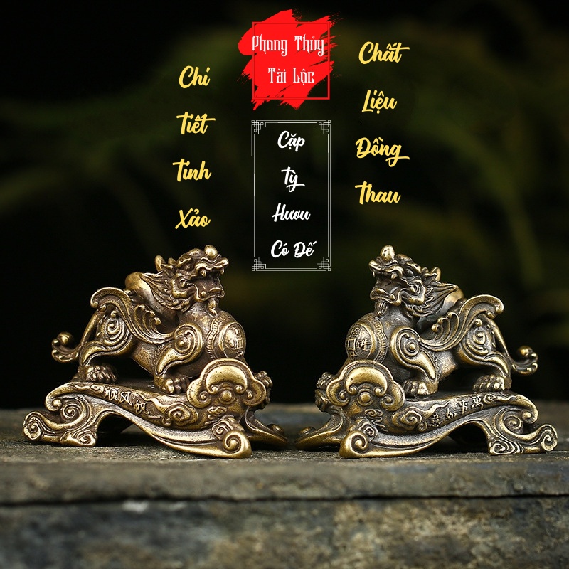 Tượng Đồng Trang Trí Phong Thủy Hình Tỳ Hươu Có Đế Lớn (1 Cặp) - Đem Lại Sự May Mắn Tài Lộc - Kích Thước - 5.4 x 4.2cm