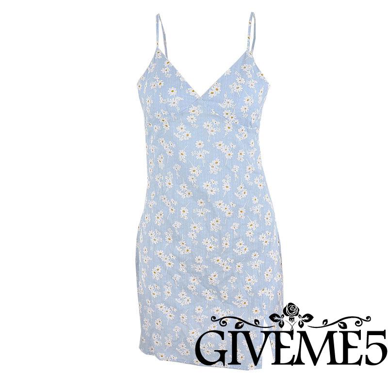 Đầm chữ A hai dây cổ V xẻ tà in họa tiết hoa dành cho nữ