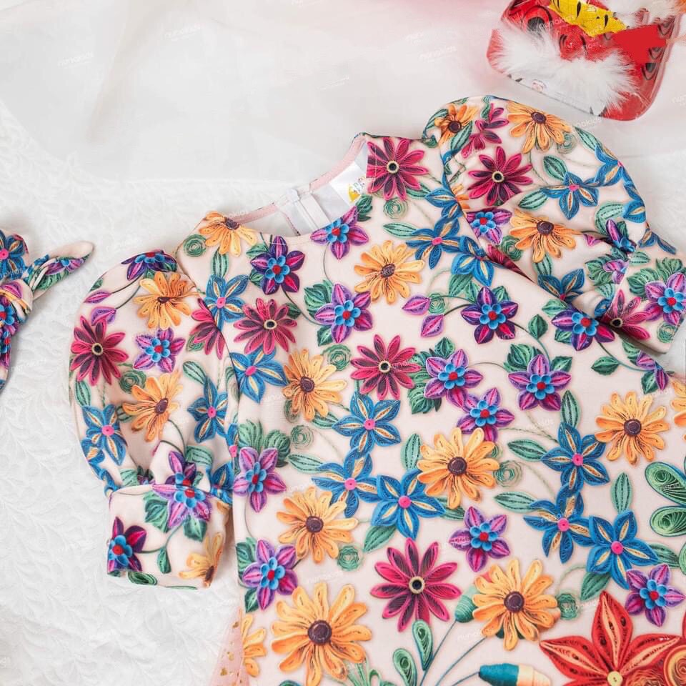 Áo dài cách tân cho bé gái kèm tuban hoa xuân Size 8-30kg XHN816