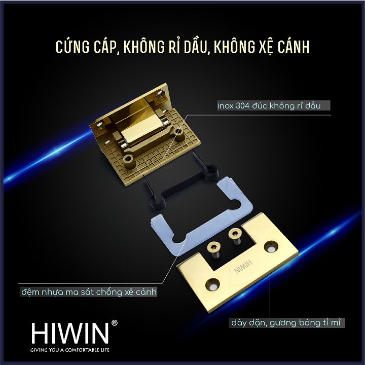 Bản lề phòng tắm kính 90 độ kính tường đế cân cạnh thẳng inox 304 mạ vàng HIWIN HG-009G