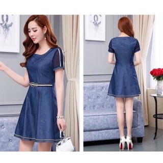 Đầm jean xoè tay phối sọc cao cấp cổ tròn bao xinh