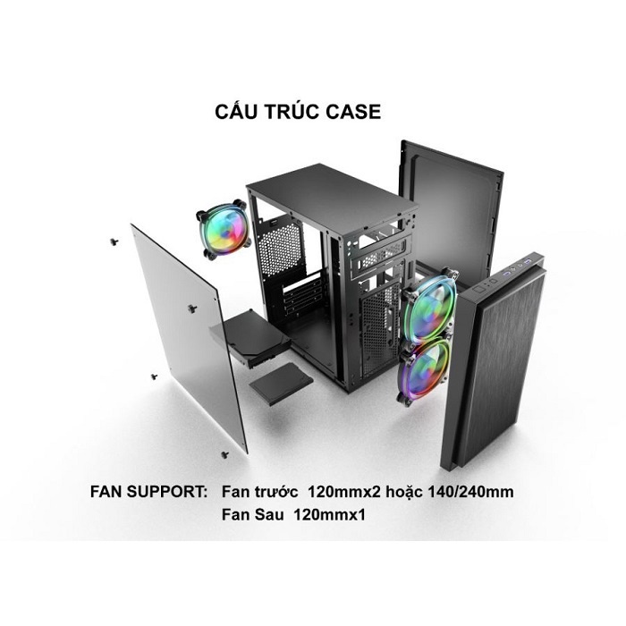 Vỏ case PC thùng máy tính chính hãng VSP V202 Black Hông trong suốt
