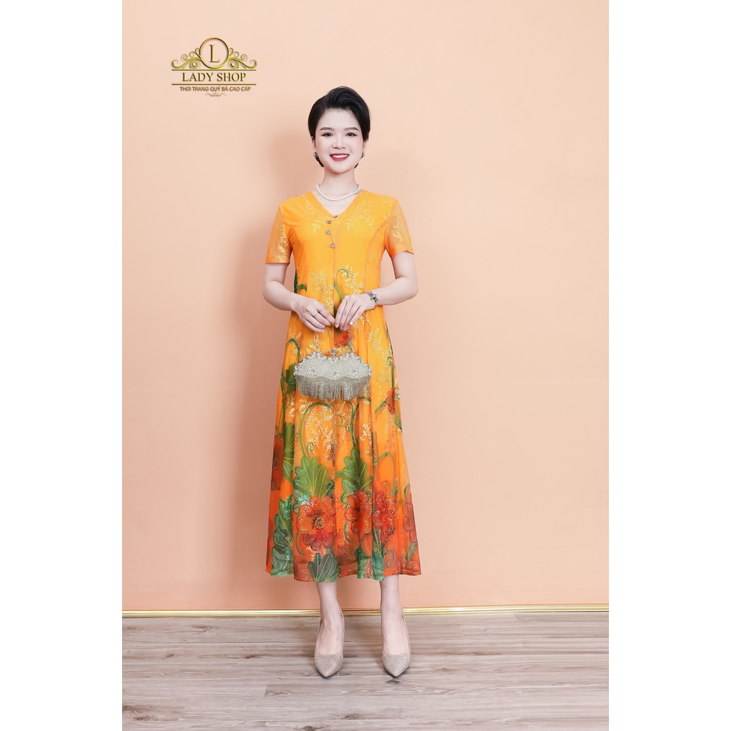 Đầm thun lưới thêu hoa cổ uốn Ladyshop thời trang trung niên cao cấp TK873
