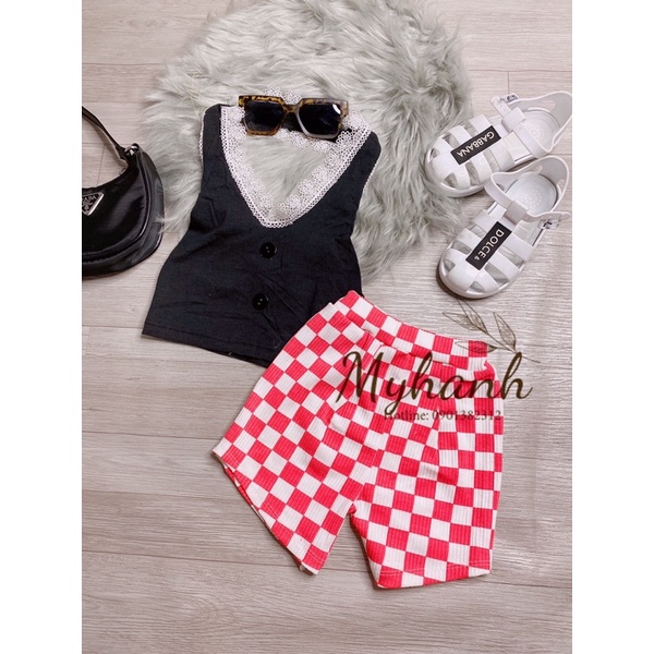 set áo yếm viền ren kèm quần caro cho bé 8-22kg