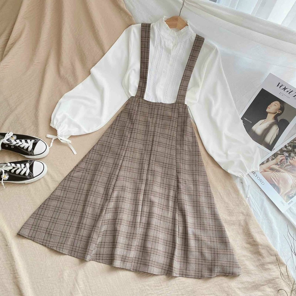 SET ÁO SƠ MI KÈM ĐẦM YẾM CARO (KÈM VIDEO HÌNH THẬT)